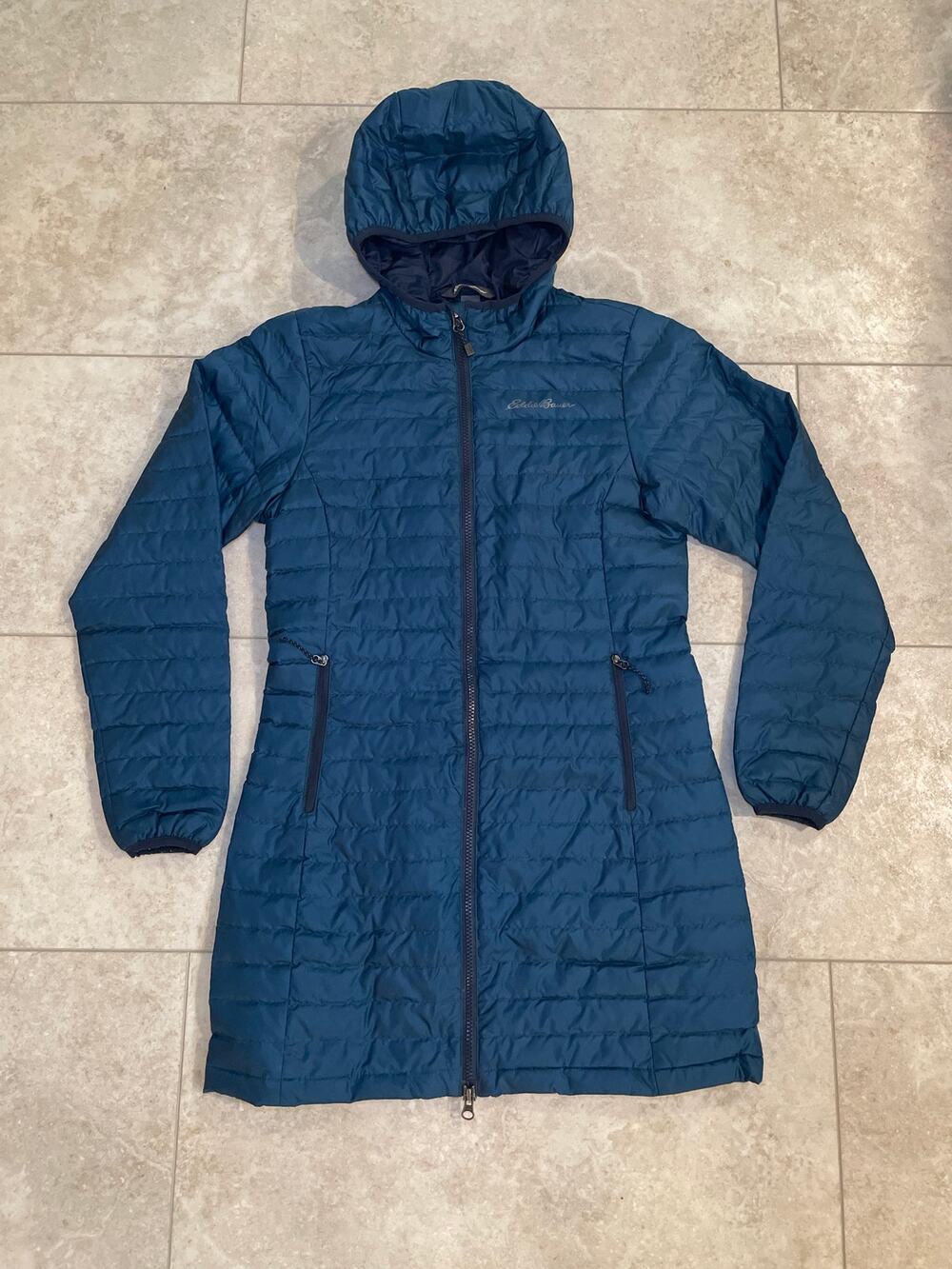 Eddie Bauer Women's EB650 Fill Long Down Puffer Jacket Parka Hooded Blue XS Gorp